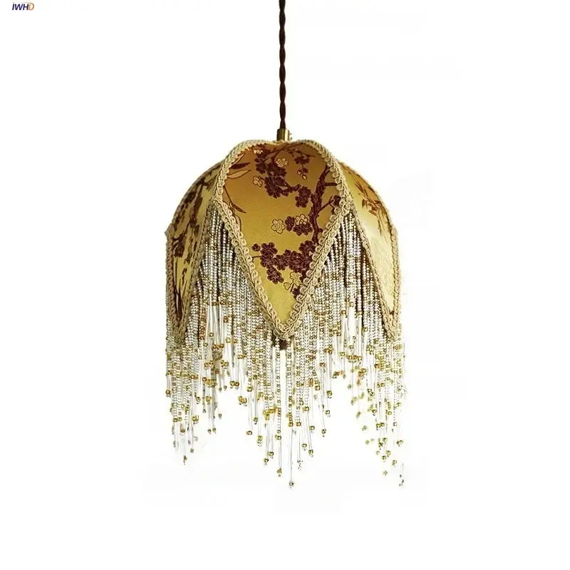 Vintage french floral iron tassel led pendant lights bedroom