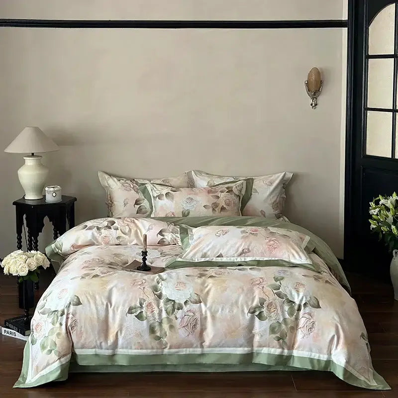 Vintage french rose flower print bedding set cream & green bedroom