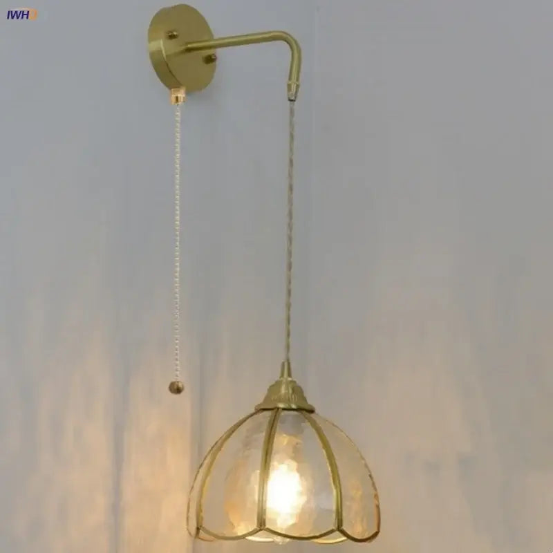 Vintage glass brass led wall sconce with pull chain for bedroom