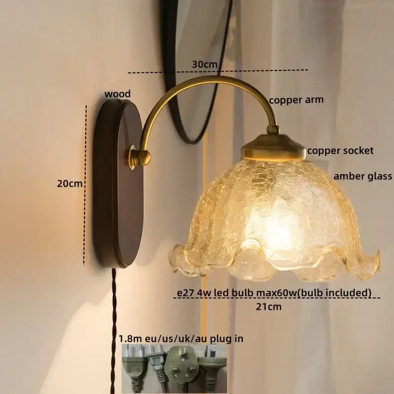 Vintage glass copper led wall lights for bedroom with wood backplate