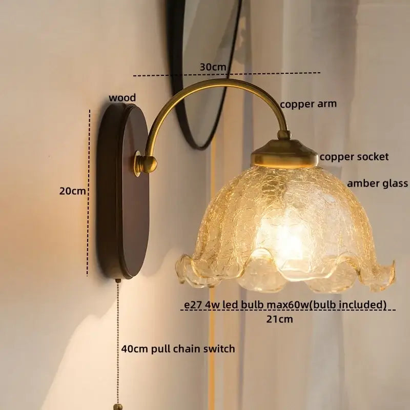 Vintage glass copper led wall lights for bedroom with wood backplate