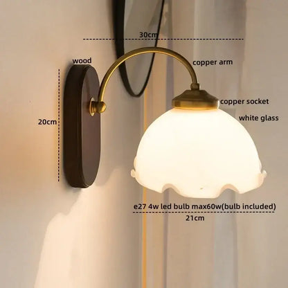 Vintage glass copper led wall lights for bedroom with wood backplate