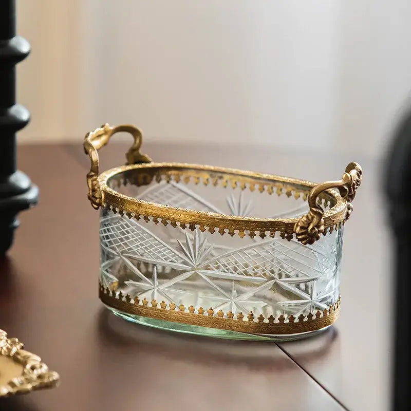 Vintage gold and carved glass snack plate dining room storage box