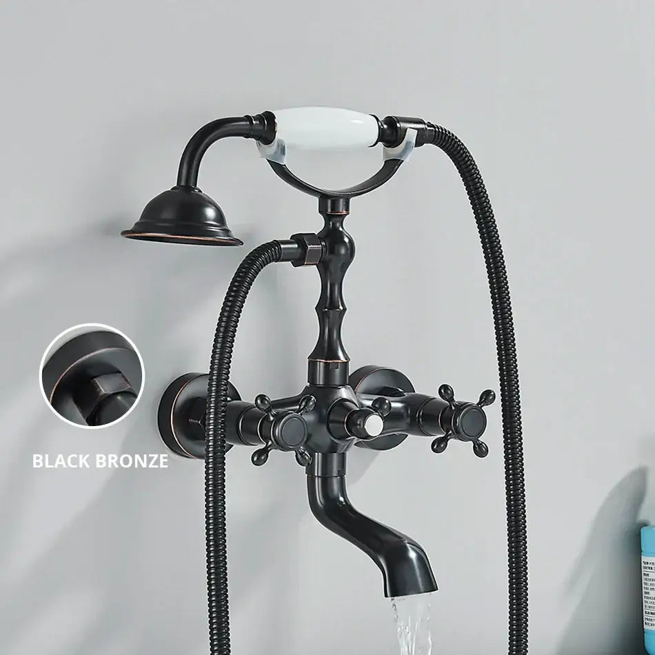Vintage gold & black bathtub faucet bathroom cross handle hand shower