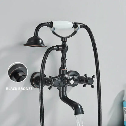 Vintage gold & black bathtub faucet bathroom cross handle hand shower
