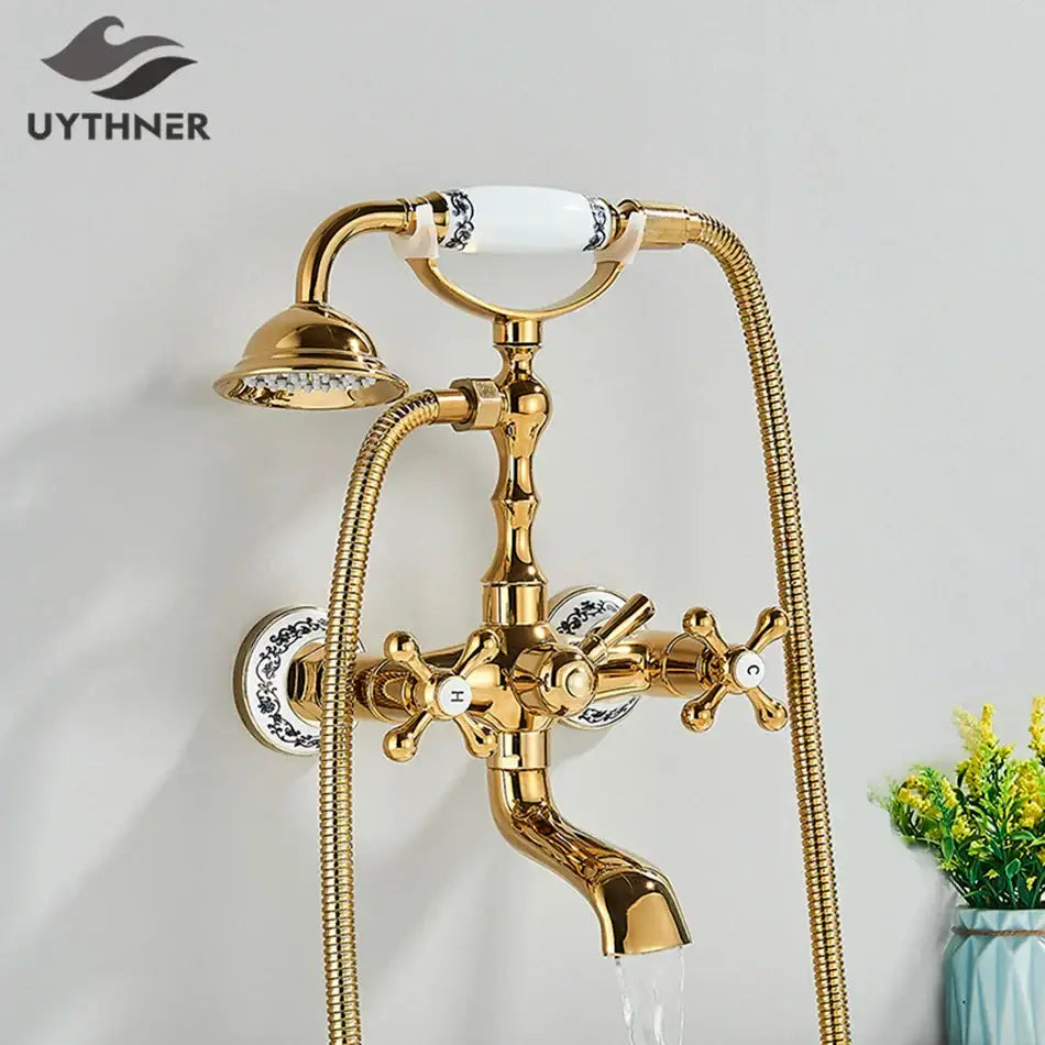 Vintage gold & black bathtub faucet bathroom cross handle hand shower