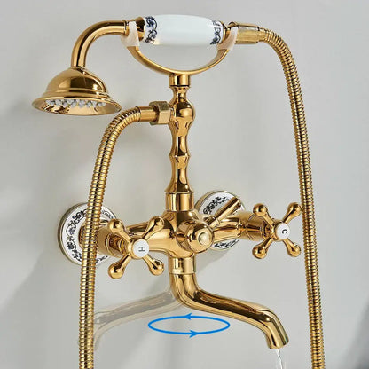 Vintage gold & black bathtub faucet bathroom cross handle hand shower