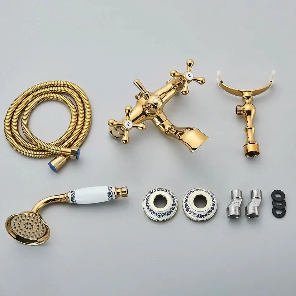 Vintage gold & black bathtub faucet bathroom cross handle hand shower