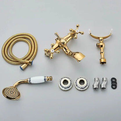 Vintage gold & black bathtub faucet bathroom cross handle hand shower