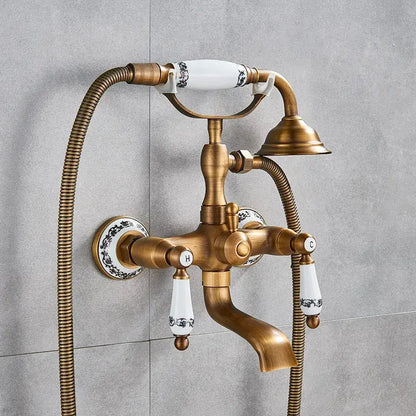 Vintage gold & black bathtub faucet bathroom cross handle hand shower
