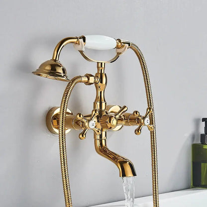 Vintage gold & black bathtub faucet bathroom cross handle hand shower