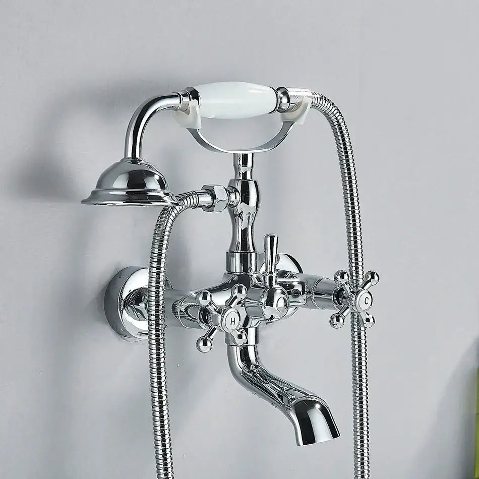 Vintage gold & black bathtub faucet bathroom cross handle hand shower