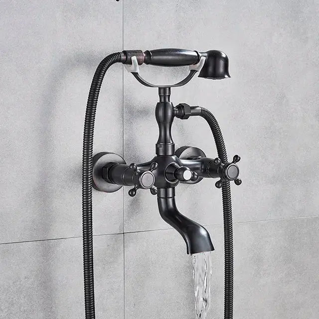 Vintage gold & black bathtub faucet bathroom cross handle hand shower