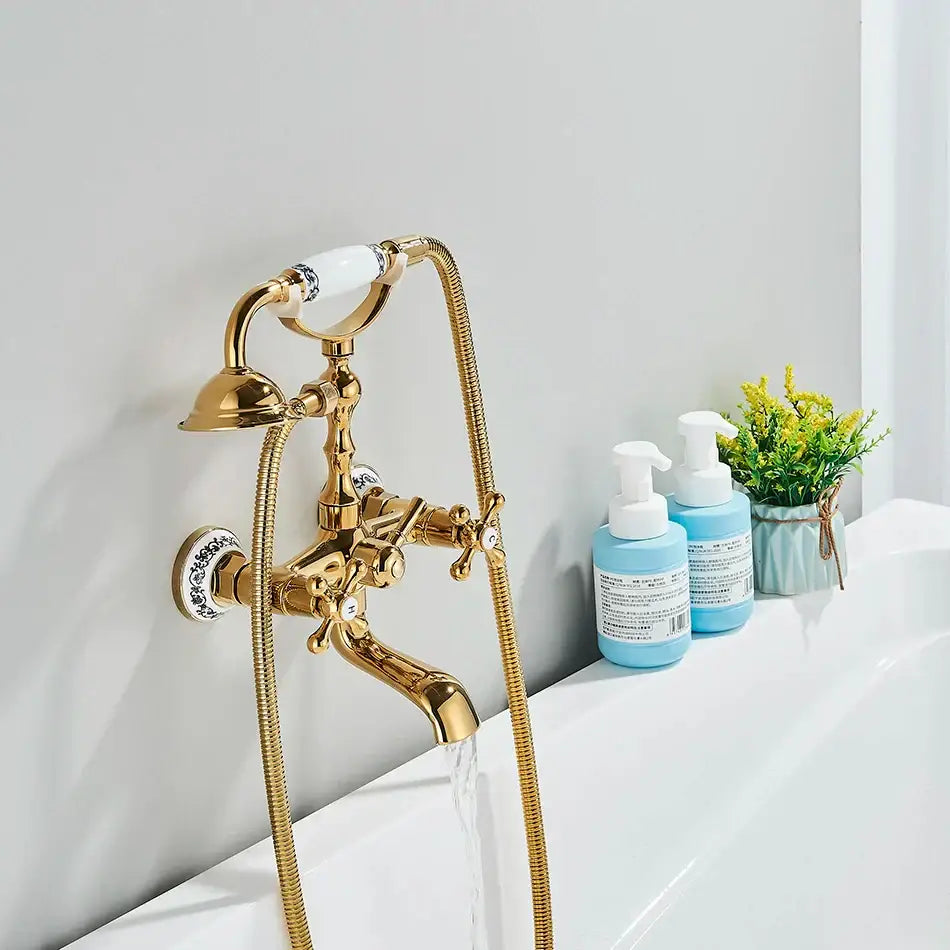 Vintage gold & black bathtub faucet bathroom cross handle hand shower