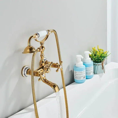 Vintage gold & black bathtub faucet bathroom cross handle hand shower