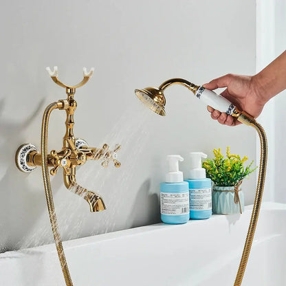 Vintage gold & black bathtub faucet bathroom cross handle hand shower
