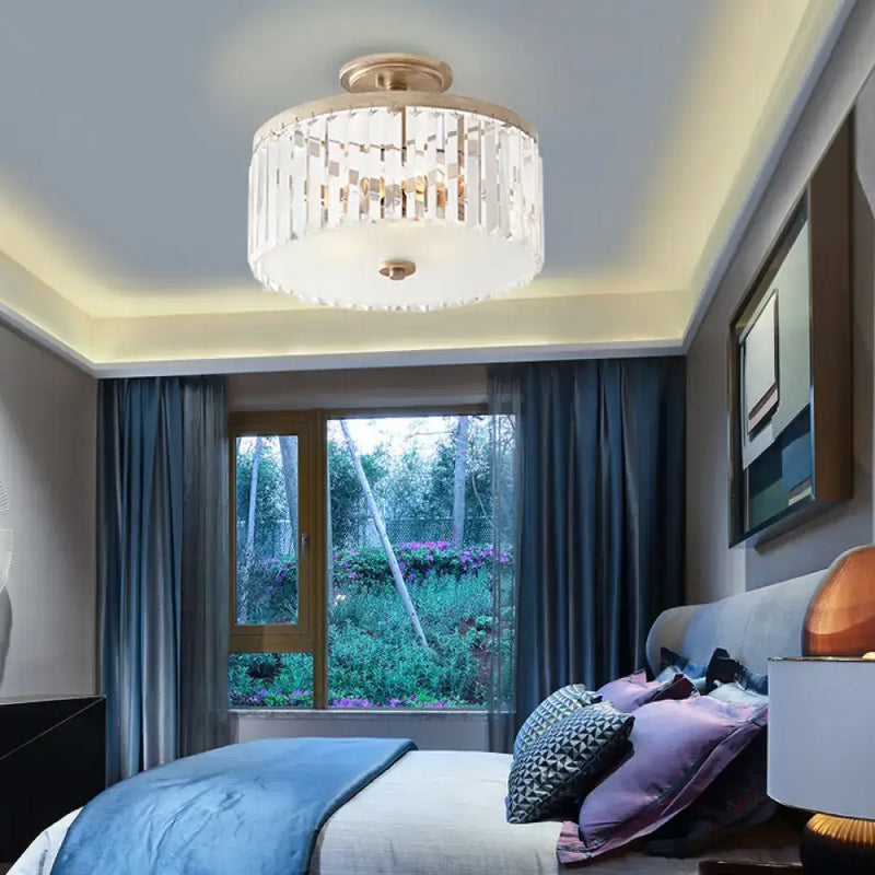 Vintage gold crystal block ceiling light bedroom semi flush mount