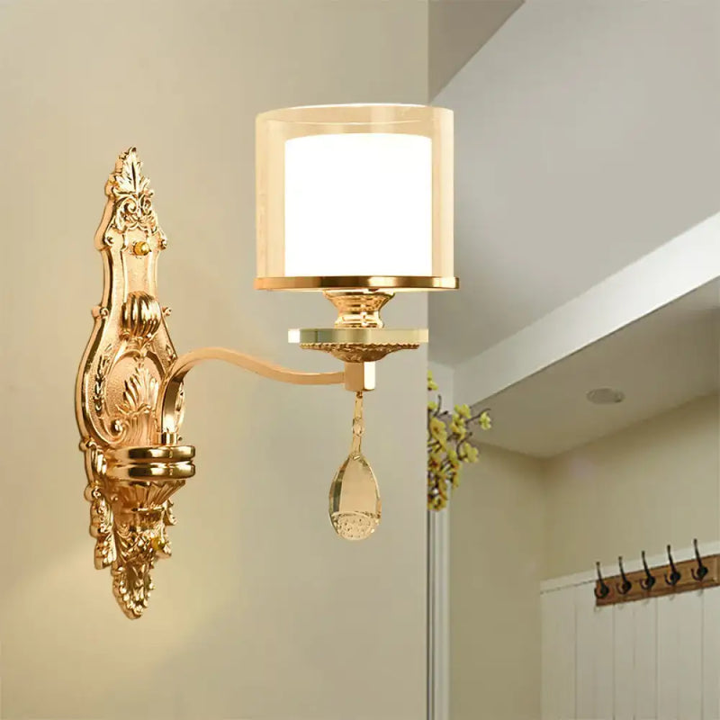 Vintage gold cylinder wall sconce bedroom e12 e14 light type crystal