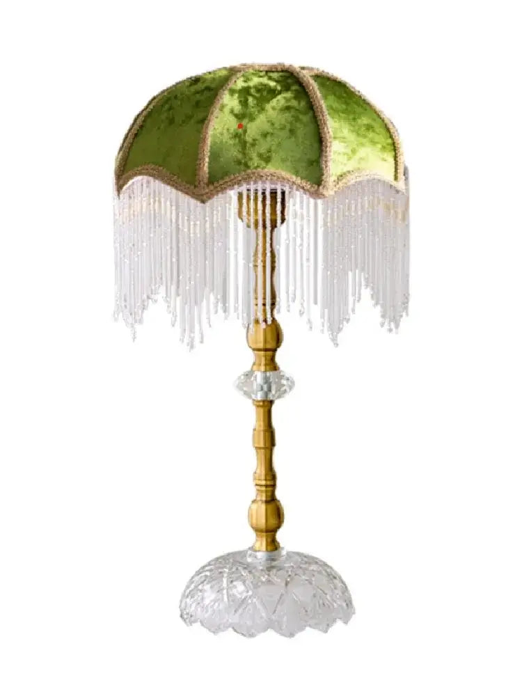 Vintage gold lustre tassel table lamp with green velvet for bedroom