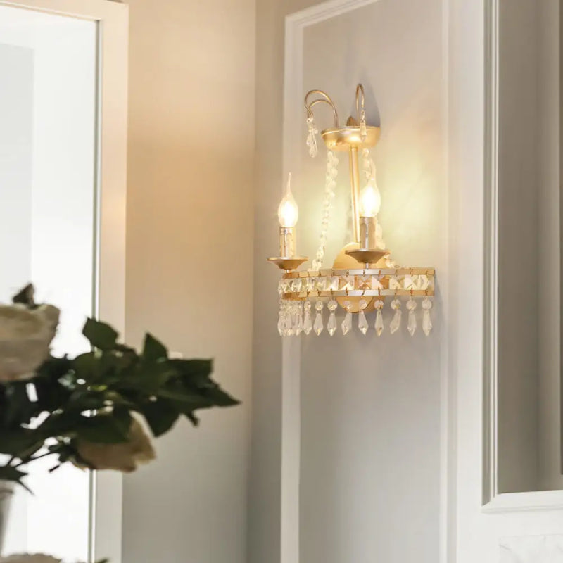 DecorBites™ Vintage Gold Wall Lamp with Crystal Accent - Metallic Exposed 2-Light Fixture for Hallway