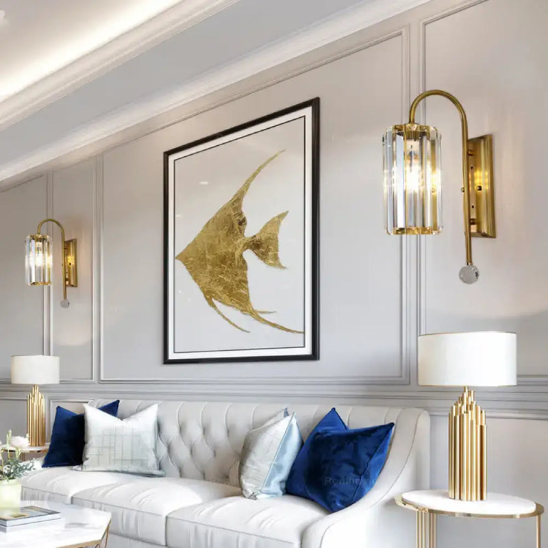 Vintage gold wall light with clear crystal shade bedroom sconce