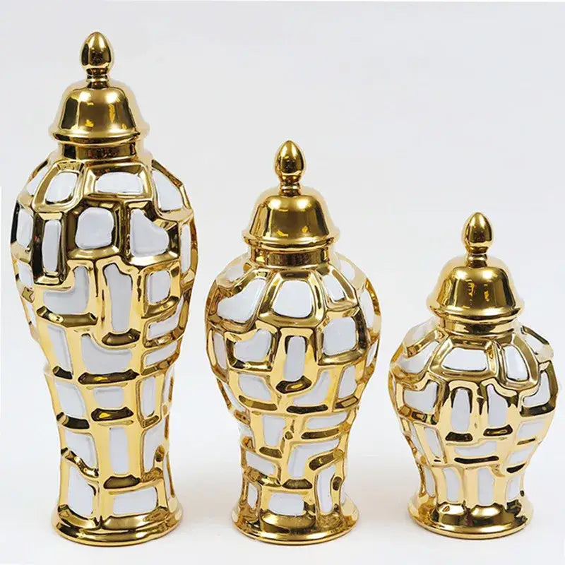 Vintage gold & white gold plaid ceramic general jar living room decor