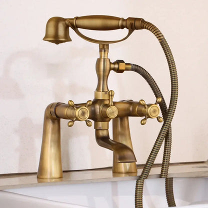 Vintage golden bathtub faucet with floral handshower – bathroom decor
