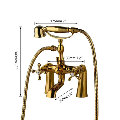 Vintage golden bathtub faucet with floral handshower – bathroom decor