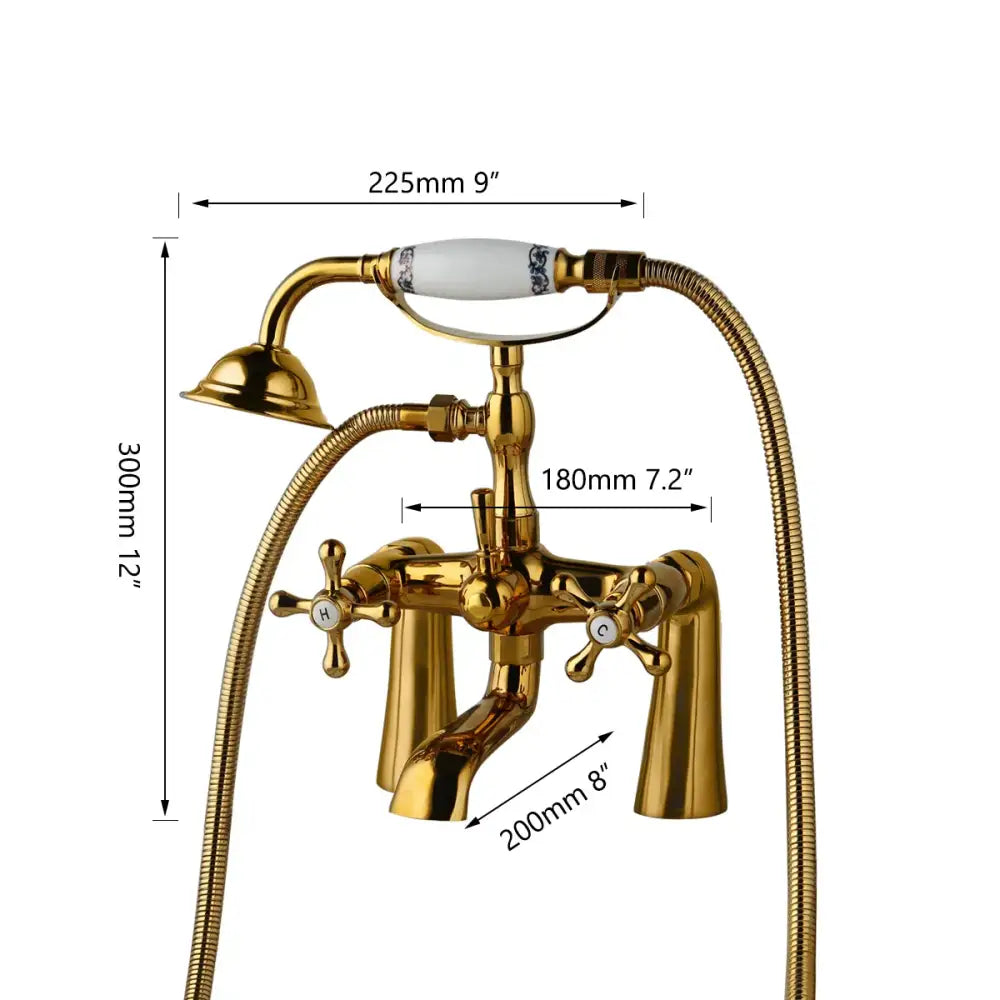 Vintage golden bathtub faucet with floral handshower – bathroom decor