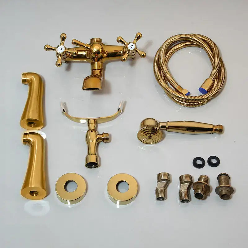 Vintage golden bathtub faucet with floral handshower – bathroom decor