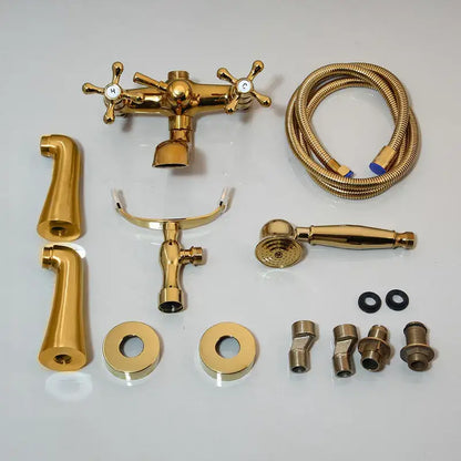 Vintage golden bathtub faucet with floral handshower – bathroom decor