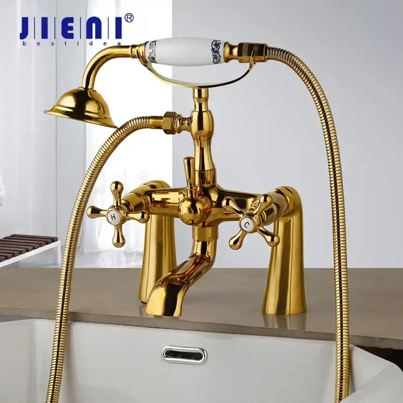 Vintage golden bathtub faucet with floral handshower – bathroom decor