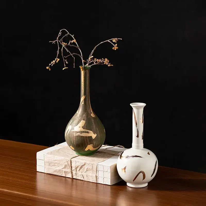 Vintage green and gold handmade porcelain vase living room decor