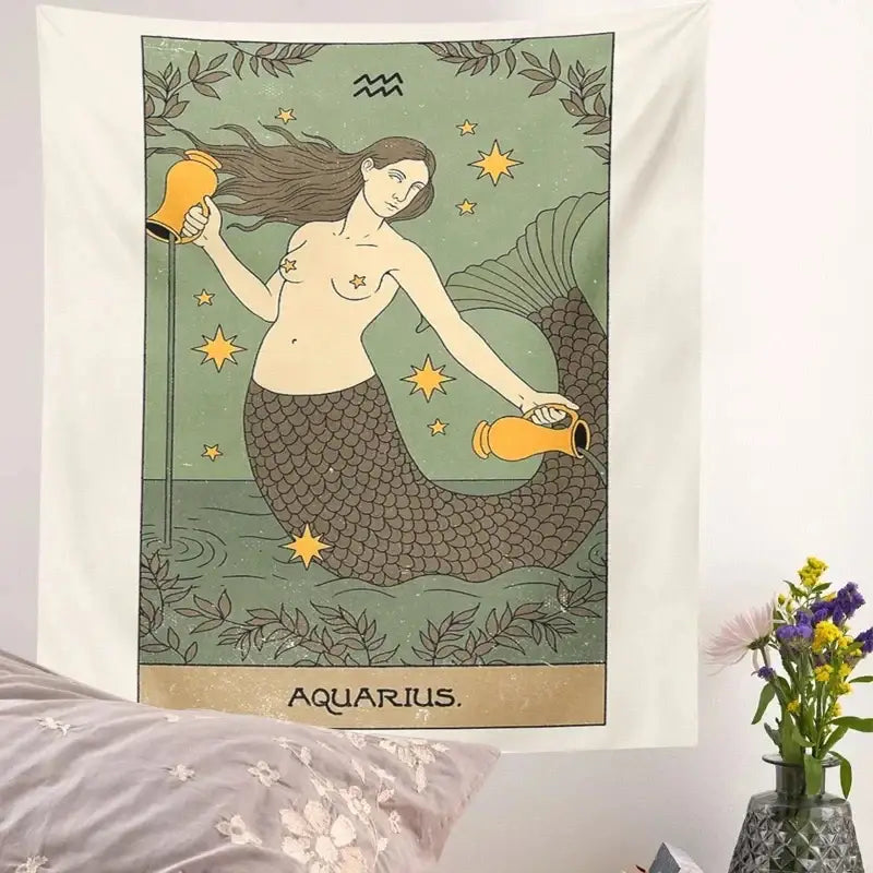 Vintage green & beige aquarius constellation tarot tapestry bedroom decor