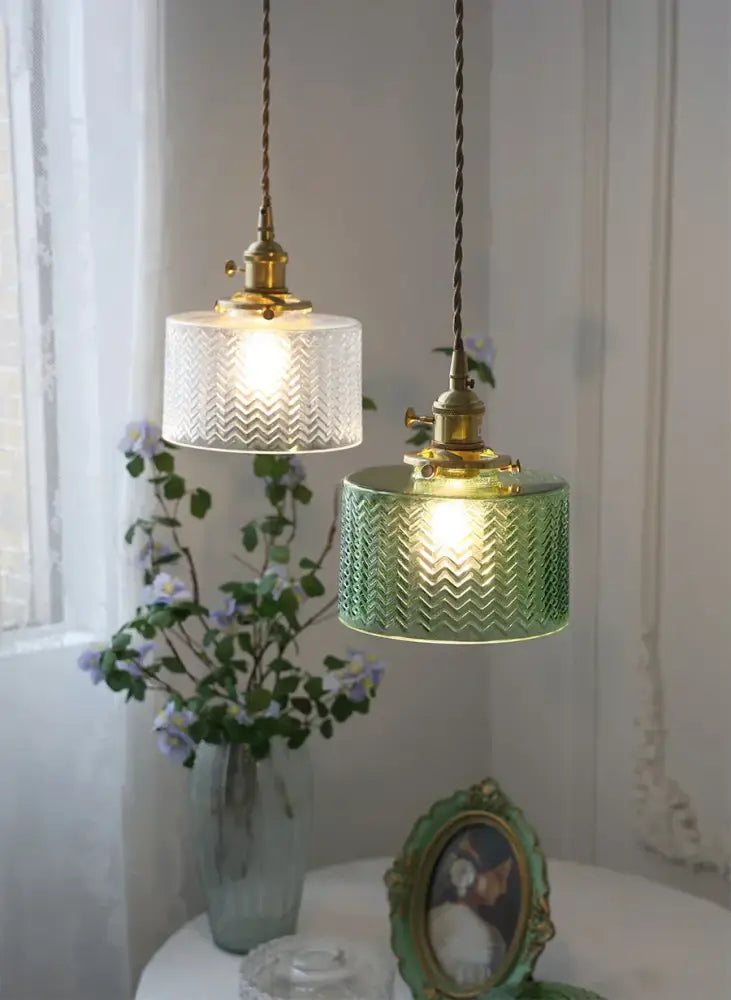 Vintage green & clear glass shade chandelier – dining room pendant