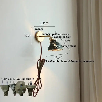 Vintage green glass led wall sconce bedroom brass stair light