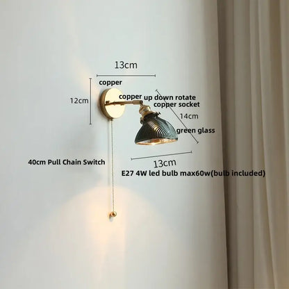 Vintage green glass led wall sconce bedroom brass stair light