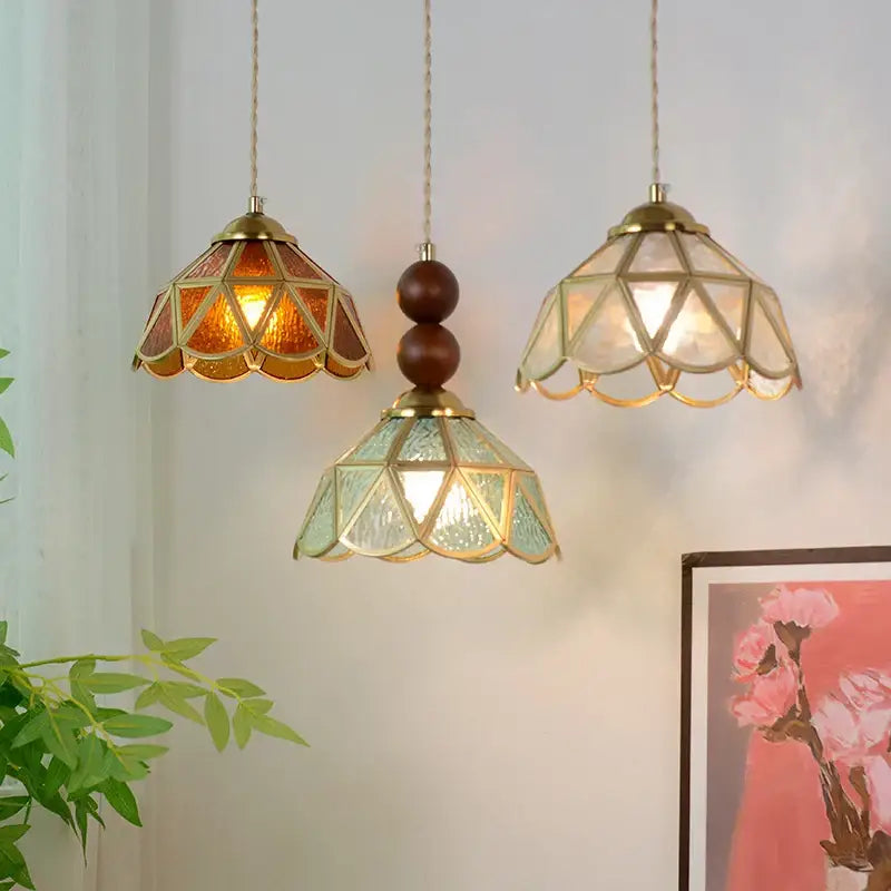 Vintage green glass pendant light for dining room with wood beads