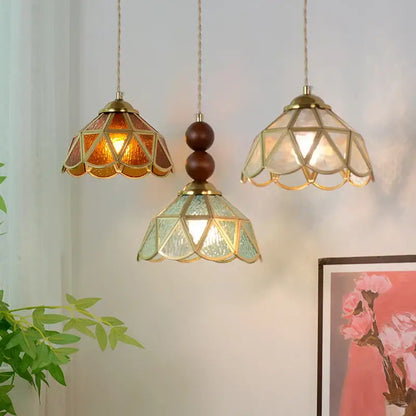 Vintage green glass pendant light for dining room with wood beads