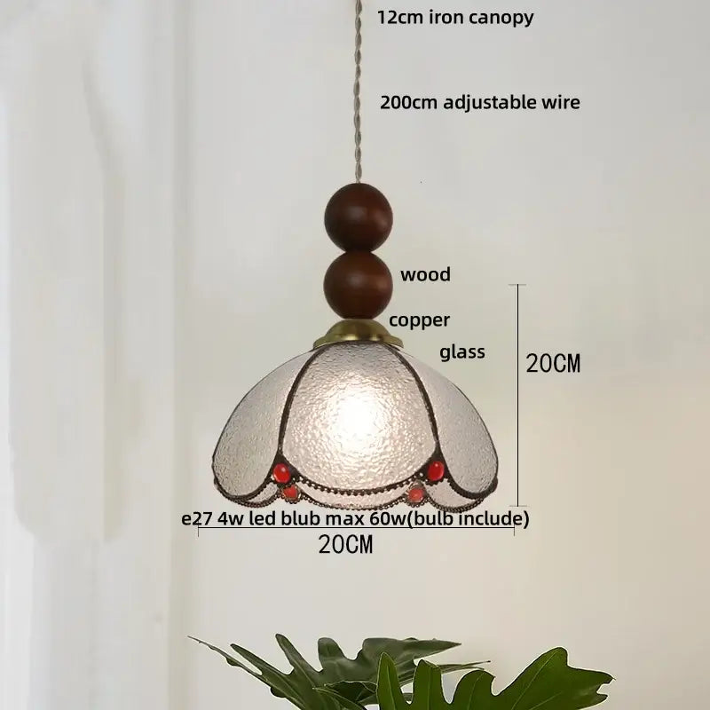 Vintage green glass pendant light for dining room with wood beads