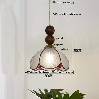 Vintage green glass pendant light for dining room with wood beads