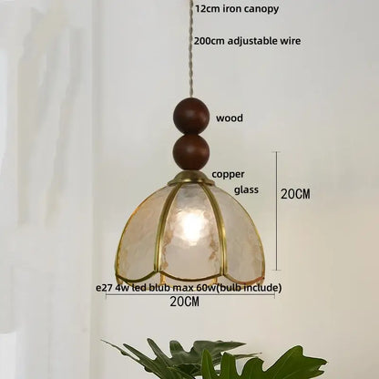 Vintage green glass pendant light for dining room with wood beads
