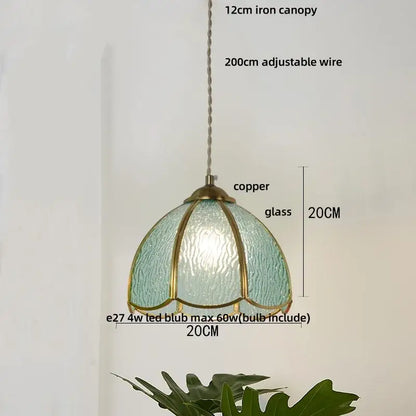 Vintage green glass pendant light for dining room with wood beads