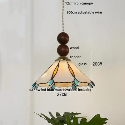 Vintage green glass pendant light for dining room with wood beads