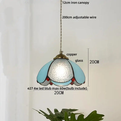 Vintage green glass pendant light for dining room with wood beads