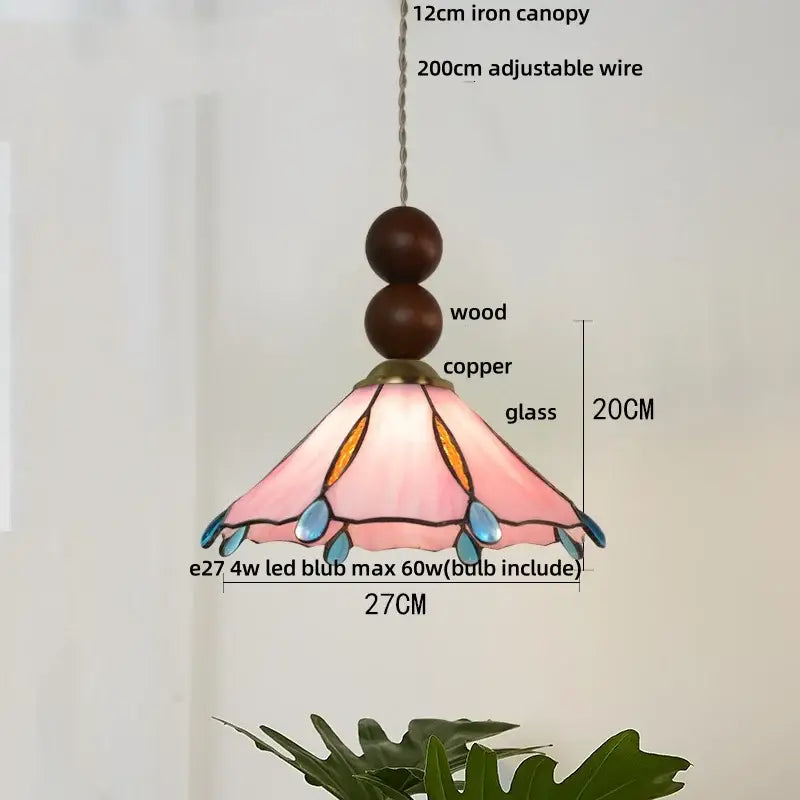 Vintage green glass pendant light for dining room with wood beads