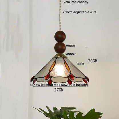 Vintage green glass pendant light for dining room with wood beads