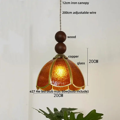 Vintage green glass pendant light for dining room with wood beads
