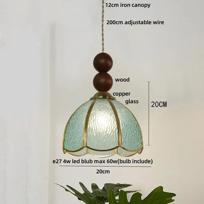 Vintage green glass pendant light for dining room with wood beads