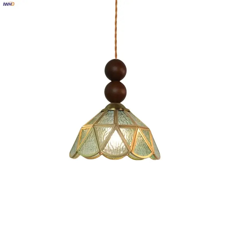 Vintage green glass pendant light for dining room with wood beads